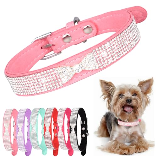 Strass Hundehalsband Bling Diamant Fliege Krone Katzenhalsbänder Verstellbar für Kleine Mittlere Große Haustiere, Kätzchen und Welpen mit Schnalle Rosa S von PSPORT