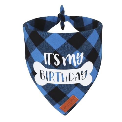 PTDECOR Hunde-Geburtstagsparty-Zubehör, It's My Birthday-Hundehalstuch, blau kariert, für kleine Hunde (blau, klein) von PTDECOR