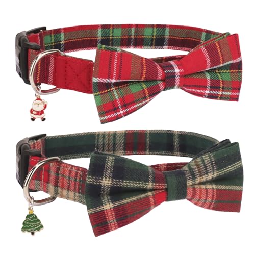 PTDECOR Weihnachts-Hundehalsband mit Schleife, verstellbar, rot-grün, kariert, mit abnehmbarer Fliege, Weihnachts-Halsbänder für mittelgroße Hunde (Weihnachten, 2, Größe M) von PTDECOR