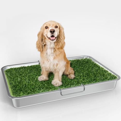 Hundegrasunterlage mit Tablett, Grasunterlage für Hunde, Töpfchen, 61 x 45 cm, Edelstahl-Tablett und Rost, 2 Ersatz-Kunstrasmatten und 2 Urinierpads, tragbare Hundetoilette für den Innen- und Hundegrasunterlage mit Tablett, Grasunterlage für Hunde, Töpfchen, 61 x 45 cm, Edelstahl-Tablett und Rost, 2 Ersatz-Kunstrasmatten und 2 Urinierpads, tragbare Hundetoilette für den Innen- und von PTFFF