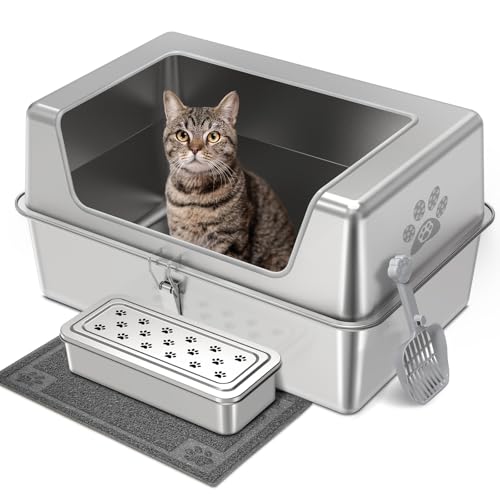 Katzentoilette aus Edelstahl mit Deckel, Metall-Katzentoilette mit 30 cm hohen Seiten, Katzentoilette für große und mehrere Katzen, Kätzchentoilette mit Edelstahl-Pedal, antihaftbeschichtet, einfache Katzentoilette aus Edelstahl mit Deckel, Metall-Katzentoilette mit 30 cm hohen Seiten, Katzentoilette für große und mehrere Katzen, Kätzchentoilette mit Edelstahl-Pedal, antihaftbeschichtet, einfache von PTFFF