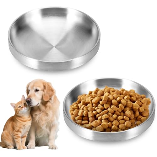 Futternapf Katze, 2 Stück Metall Katzen Teller 304 Edelstahl Wassernapf Futterschale Katze Doppellagige für Trockenfutter und Nassfutter（15cm） von PTHDEW