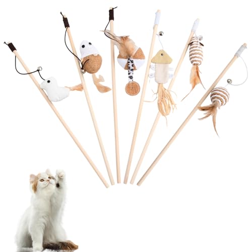 6 Stück Interaktives Katzenspielzeug Set, Katzenangel, Katzen Spielzeug Kitten, Katzenzubehör mit Federn, Cat Toys for Indoor Cats, Katzenspielzeug Stab mit Bell, Intelligenz Spielzeug für Katzen von PTJJXA