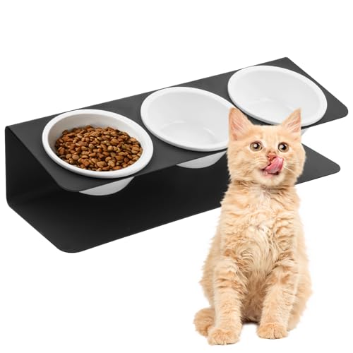 PTJJXA 3er Set Katzennapf Erhöht mit Ständer – 15° Neigung, 250ml Keramik-Schalen für Katze Hund, Anti-Schling & Anti-Erbrechen Design – für Trocken Nassfutter & Wasser von PTJJXA