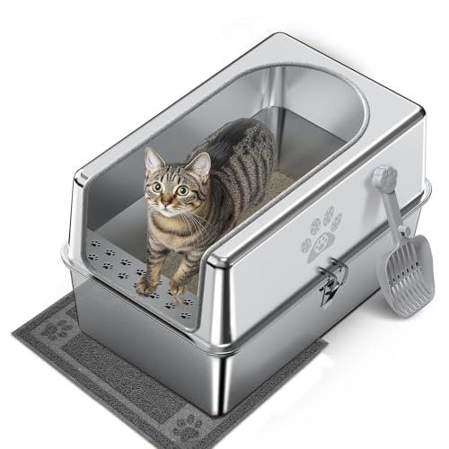 PTLOM Katzentoilette aus Edelstahl mit Deckel，XXL herausnehmbare Edelstahl Katzenklo，15cm hohen Rand Seitenwänden für Katzen，robust, leicht zu reinigen, geruchsfrei,mit Streuschaufel Katzenstreumatte von PTLOM