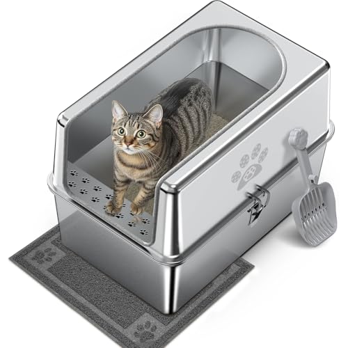 PTLOM Katzentoilette aus Edelstahl mit Deckel，XXL herausnehmbare Edelstahl Katzenklo，20cm hohen Rand Seitenwänden für Katzen，robust, leicht zu reinigen, geruchsfrei,mit Streuschaufel Katzenstreumatte von PTLOM