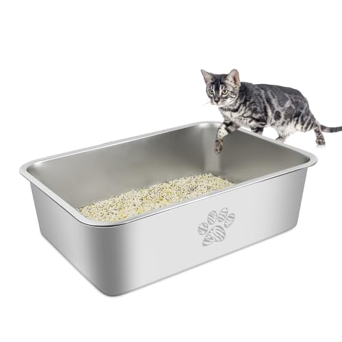 PTLOM Edelstahl Katzenklo, Große Katzentoilette aus Metall, Spritzwassergeschützt und Antihaftbeschichtet, Katzenklo XXL, Geeignet Für Große und Kleine Katzen, Kaninchen,Tabby Pfote,50x35x15cm PTLOM Edelstahl Katzenklo, Große Katzentoilette aus Metall, Spritzwassergeschützt und Antihaftbeschichtet, Katzenklo XXL, Geeignet Für Große und Kleine Katzen, Kaninchen,Tabby Pfote,50x35x15cm von PTLOM