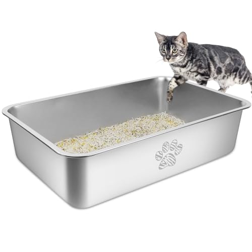 PTLOM Edelstahl Katzenklo, Große Katzentoilette aus Metall, Spritzwassergeschützt und Antihaftbeschichtet, Katzenklo XXL, Geeignet Für Große und Kleine Katzen, Kaninchen,Tabby Pfote,60x40x15cm PTLOM Edelstahl Katzenklo, Große Katzentoilette aus Metall, Spritzwassergeschützt und Antihaftbeschichtet, Katzenklo XXL, Geeignet Für Große und Kleine Katzen, Kaninchen,Tabby Pfote,60x40x15cm von PTLOM