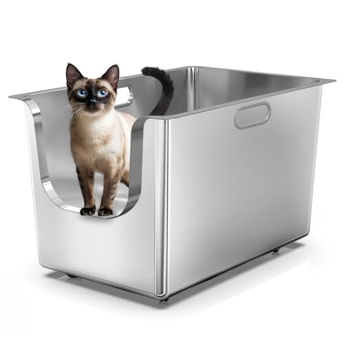 PTLOM Edelstahl-Katzentoilette, extra große Katzentoilette mit hohen Seiten und niedrigem Eingang, Räder an der Unterseite für einfaches Bewegen, tiefes spritzwassergeschütztes PTLOM Edelstahl-Katzentoilette, extra große Katzentoilette mit hohen Seiten und niedrigem Eingang, Räder an der Unterseite für einfaches Bewegen, tiefes spritzwassergeschütztes von PTLOM