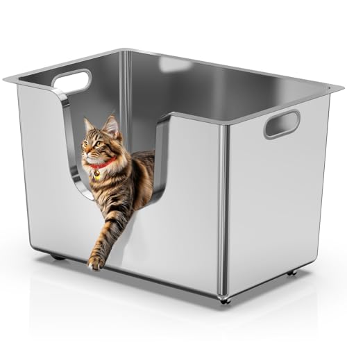 PTLOM Katzenklo Edelstahl, extragroße Katzentoilette mit hohen Seiten und niedrigem Einstieg, Rädern an der Unterseite, tiefes, spritzwassergeschütztes Reinigungswerkzeug für große mittelgroße Katzen PTLOM Katzenklo Edelstahl, extragroße Katzentoilette mit hohen Seiten und niedrigem Einstieg, Rädern an der Unterseite, tiefes, spritzwassergeschütztes Reinigungswerkzeug für große mittelgroße Katzen von PTLOM