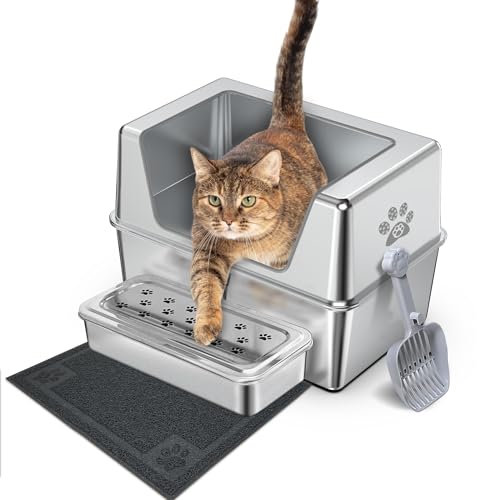 PTLOM Katzentoilette Edelstahl mit hohem Rand, große Katzentoilette aus Metall Verhindert Urinverlust, rutschfest und geruchsneutral, Reinigungswerkzeug für Haustiere mit breiter Öffnung, 50x35x15cm PTLOM Katzentoilette Edelstahl mit hohem Rand, große Katzentoilette aus Metall Verhindert Urinverlust, rutschfest und geruchsneutral, Reinigungswerkzeug für Haustiere mit breiter Öffnung, 50x35x15cm von PTLOM