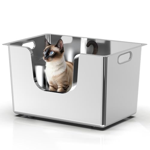 PTLOM Katzentoilette aus Edelstahl, extra große Katzentoilette mit 35 cm hohen Seiten, spritzwassergeschütztes Haustierreinigungswerkzeug, Räder an der Unterseite für einfache Bewegung PTLOM Katzentoilette aus Edelstahl, extra große Katzentoilette mit 35 cm hohen Seiten, spritzwassergeschütztes Haustierreinigungswerkzeug, Räder an der Unterseite für einfache Bewegung von PTLOM