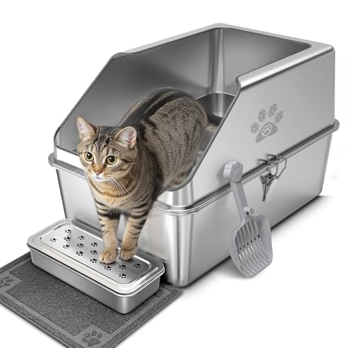 PTLOM Katzentoilette aus Edelstahl mit 15cm hohem Rand, große Katzentoilette aus Metall, verhindert Urinverlust, rutschfest und geruchsneutral, Reinigungswerkzeug mit schmaler Öffnung 60x40x15cm PTLOM Katzentoilette aus Edelstahl mit 15cm hohem Rand, große Katzentoilette aus Metall, verhindert Urinverlust, rutschfest und geruchsneutral, Reinigungswerkzeug mit schmaler Öffnung 60x40x15cm von PTLOM