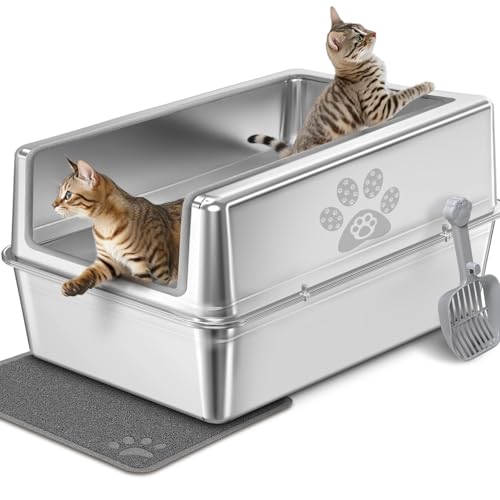 PTLOM Katzentoilette aus Edelstahl mit Deckel，XXL herausnehmbare Edelstahl Katzenklo，30cm hohen Rand Seitenwänden，robust, leicht zu reinigen, geruchsfrei,mit Streuschaufel Katzenstreumatte，70x50x30cm von PTLOM