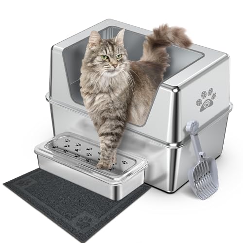 PTLOM Katzentoilette aus Edelstahl mit hohem Rand, große Katzentoilette aus Metall, verhindert Urinverlust, rutschfest und geruchsneutral, Reinigungswerkzeug mit breiter Öffnung 60x40x15cm PTLOM Katzentoilette aus Edelstahl mit hohem Rand, große Katzentoilette aus Metall, verhindert Urinverlust, rutschfest und geruchsneutral, Reinigungswerkzeug mit breiter Öffnung 60x40x15cm von PTLOM