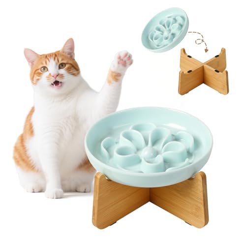 Antischlingnapf Katze Erhöht aus Melamin - Blumenform-Labyrinth Fressnapf mit Bambusständer - Katzennapf für Langsames Fressen - Blau von PTOBER