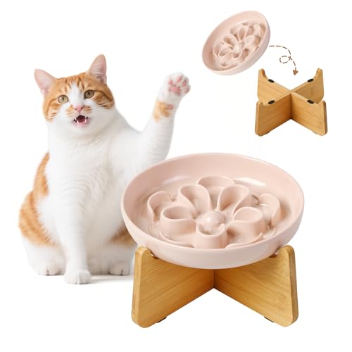 Antischlingnapf Katze Erhöht aus Melamin - Blumenform-Labyrinth Fressnapf mit Bambusständer - Katzennapf für Langsames Fressen - Rosa von PTOBER