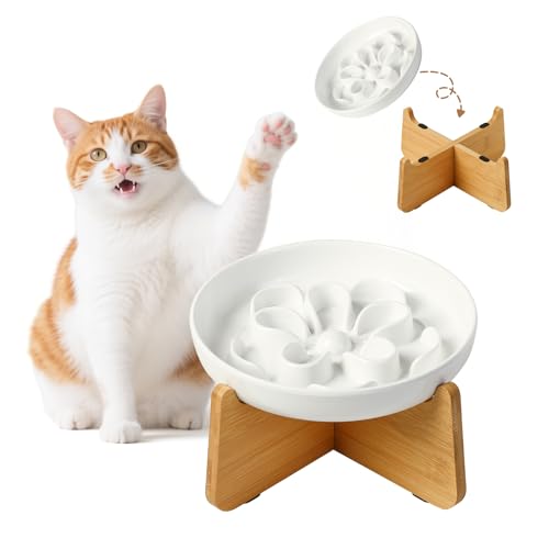 Antischlingnapf Katze Erhöht aus Melamin - Blumenform-Labyrinth Fressnapf mit Bambusständer - Katzennapf für Langsames Fressen - Weiß von PTOBER