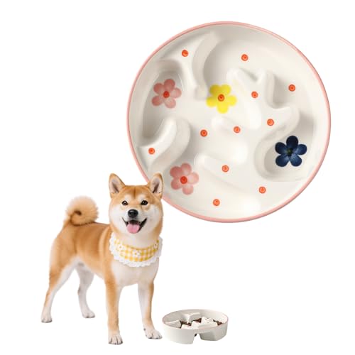 Keramik Anti-Schling-Napf für Hunde - Fressnapf mit Portionskontrolle für mittelgroße und große Hunde - Langsame Fütterung Hundenapf - 310 g Inhalt - mit Doodle-Muster (Blüte) von PTOBER