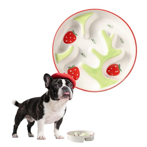 Keramik Anti-Schling-Napf für Hunde - Fressnapf mit Portionskontrolle für mittelgroße und große Hunde - Langsame Fütterung Hundenapf - 310 g Inhalt - mit Doodle-Muster (Erdbeere) von PTOBER