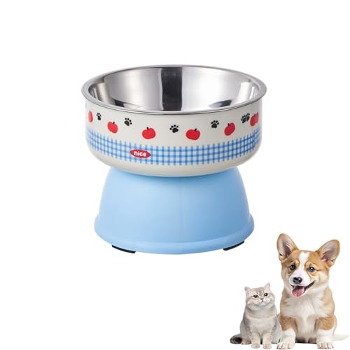 Erhöhte Katzennäpfe aus Edelstahl für Futter und Wasser, erhöhte Katzenfutterschüssel, vorteilhaft für die Verdauung, resonable Höhe, leicht zu reinigen, 14 cm breit, 350 ml (blau, 350 ml) von PTWSF