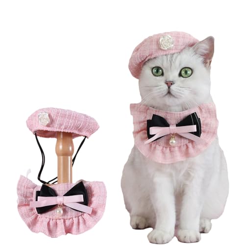 Katzen-Barettmütze mit kleiner Kamelie, verstellbare Satin-Fliege, Bandana, Schal, Set, Haustier-Prinzessinnen-Kostüm für Halloween, Weihnachten, Geburtstagsparty, Kleidung (rosa Schleife) von PTWSF