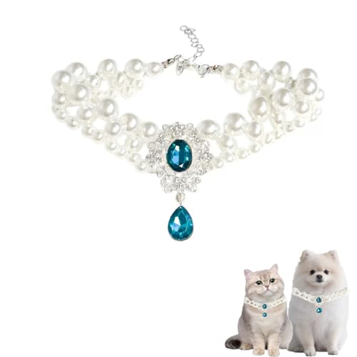 Perlenhalsband für Katzen, Perlenhund, Strass-Halsketten für kleine Hunde, Zubehör, Katzenperlenhalsband (Blau, L) von PTWSF