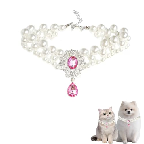 Perlenhalsband für Katzen, Perlenhund, Strass-Halsketten für kleine Hunde, Zubehör, Katzenperlenhalsband (Rosa, M) von PTWSF