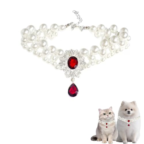 Perlenhalsband für Katzen, Perlenhund, Strass-Halsketten für kleine Hunde, Zubehör, Katzenperlenhalsband (Rot, XS) von PTWSF