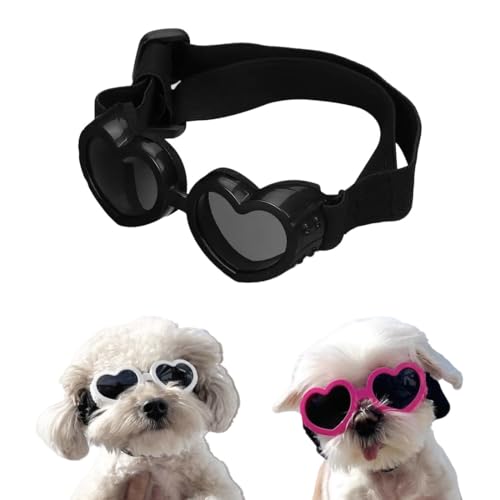 Sonnenbrille für kleine Hunde, UV-Schutz, Augenschutz, mit verstellbarem Riemen, Herzform, Anti-Beschlag-Sonnenbrille für Haustiere, Hunde, winddichte Brille, 6 Farben (schwarz) von PTWSF