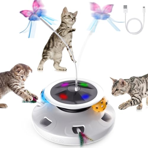 PUHOHUN 3 in 1 Katzenspielzeug Elektrisch, Interaktives Katzenspielzeug, Automatisches Katzenspielzeug, mit 2 Aufsätzen Schmetterlings und Feder, Drinnen Katzenspielzeug Spielzeug von PUHOHUN