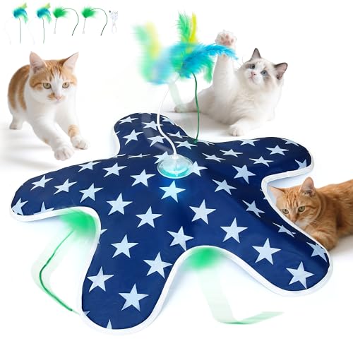 PUHOHUN Interaktives Katzenspielzeug Selbstbeschäftigung Weihnachten - Leises Automatisches Interaktives Feder Maus Kitten Spielzeug mit Schmetterling Federstab, Verstecken Suchen Mäusefangspiel Blau von PUHOHUN