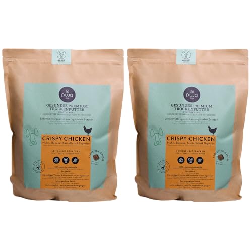 PUJA Premium Trockenfutter Crispy Chicken für Hunde 2x2,5kg – Hochverträglich mit viel Huhn, Banane, Kartoffeln & Thymian - wiederverschließbarer Genussbeutel I Angenehmer Geruch von PUJA