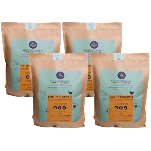 PUJA Premium Trockenfutter Crispy Chicken für Hunde 4x2,5kg – Hochverträglich mit viel Huhn, Banane, Kartoffeln & Thymian - wiederverschließbarer Genussbeutel I Angenehmer Geruch von PUJA