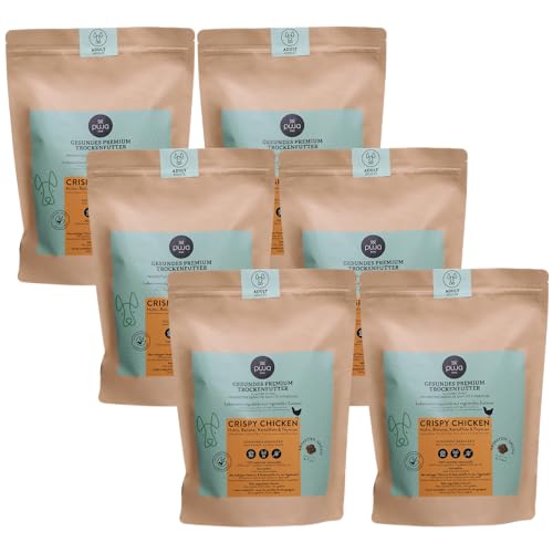 PUJA Premium Trockenfutter Crispy Chicken für Hunde 4x1kg – Hochverträglich mit viel Huhn, Banane, Kartoffeln & Thymian - wiederverschließbarer Genussbeutel I Angenehmer Geruch von PUJA