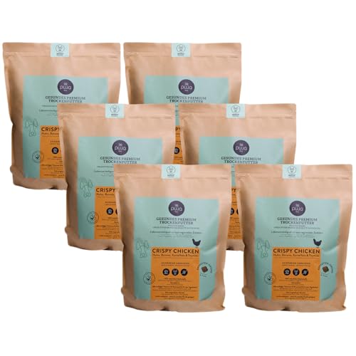 PUJA Premium Trockenfutter Crispy Chicken für Hunde 6x2,5kg – Hochverträglich mit viel Huhn, Banane, Kartoffeln & Thymian - wiederverschließbarer Genussbeutel I Angenehmer Geruch von PUJA