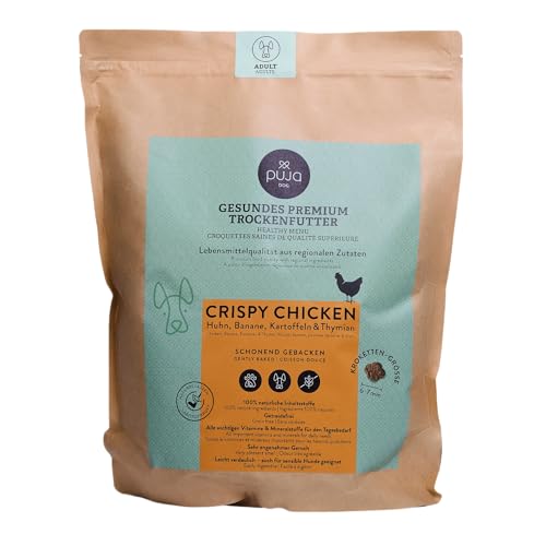 PUJA Premium Trockenfutter Crispy Chicken für Hunde 2,5kg – hochverträglich mit viel Huhn, Banane, Kartoffeln & Thymian - wiederverschließbarer Genussbeutel von PUJA