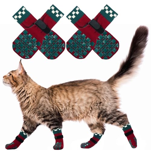 2 Paar Socken für Katzen, Hundesocken Leckschutz Pfote Dog Socks rutschfeste Hundesocken Outdoor Winter mit Klettverschluss(Rot, XS) von PUMYPOREITY