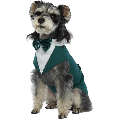 Hunde Hochzeit Anzug Set, Smoking Hemd Hund Halstuch mit Fliege Weihnachten Outfit Kleidung für Hochzeit Party Geburtstag Halloween(Dunkelgrün, M) von PUMYPOREITY