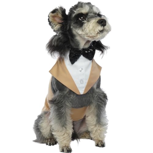 Hund Smoking Anzug, Hundeanzug mit Fliege Kostüm Gestreifter Gentleman Hund Hochzeitsfeier Anzug Haustier Kleidung Shirt formeller Anzug für Puppy Hunde(Champagner, M) von PUMYPOREITY
