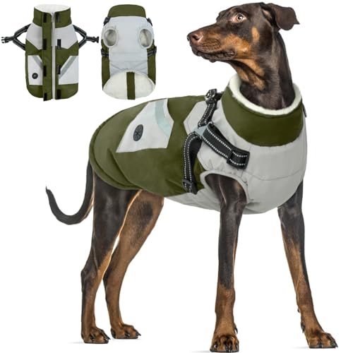 Hunde Wintermäntel mit Geschirr, Hundejacke mit Innenfleece wasserdichte Kleine Hunde Winterweste Hundepullover Fashion Sports Hundemantel mit Brust Gurt(Armeegrün, 3XL) von PUMYPOREITY