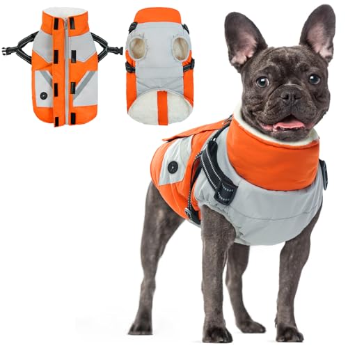 Hundejacke Kleine Hunde, Hundemantel Wasserdicht Warme Winter Hundejacke mit Geschirr Wintermantel für Kleine Hunde Warme Kleidung Chihuahua Französische Bulldogge Mantel(Orange, XS) von PUMYPOREITY