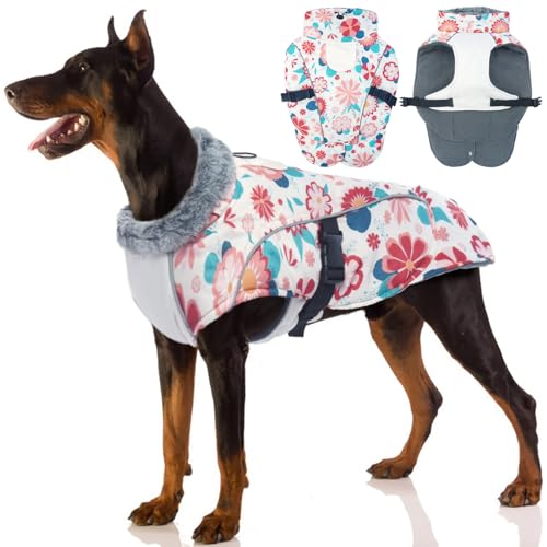 Hundejacke Wasserdicht, Hundemantel Fleece Gefüttert Warme Hundeweste Winterjacke Hunde Bekleidung Winddichter mit Reflexstreifen für Winter(Blumen, L) von PUMYPOREITY