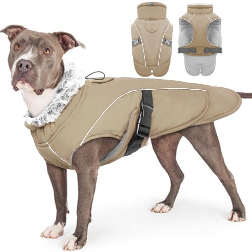 Hundejacke Wasserdicht, Hundemantel Fleece Gefüttert Warme Hundeweste Winterjacke Hunde Bekleidung Winddichter mit Reflexstreifen für Winter(Khaki, 3XL) von PUMYPOREITY
