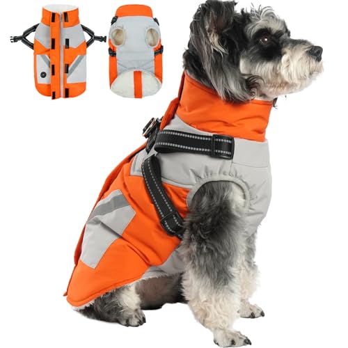 Hundejacke Wasserdicht, Hundemantel mit Geschirr Fleece Gefüttert Warme Hundeweste Winterjacke Hunde Bekleidung Warme Mäntel mit Reflexstreifen für Kaltes Wetter mit Reißverschluss(Orange, XL) von PUMYPOREITY