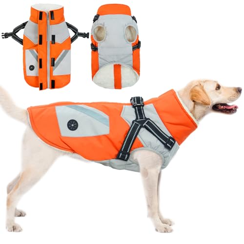 Hundemantel L, Hundemantel Wasserdicht mit Geschirr Winterjacke Reflektierende Hund Jacke Warm Weste Hundekleidung Winddichte Mantel Fleece Hunde Rollkragenpullover mit Geschirr(Orange, L) von PUMYPOREITY