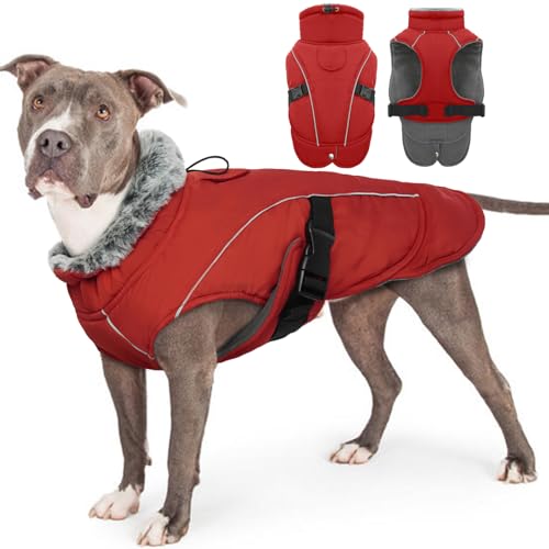 Hundemantel Wasserdicht, Hundemantel Grosse Hunde Winter Hundejacke Warme Winddichter Anti-Schneeanzug Winter Hundebekleidung Outfit(Rot, 3XL) von PUMYPOREITY