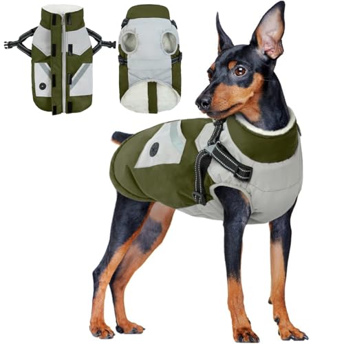 Hundejacke Kleine Hunde, Hundemantel Wasserdicht Warme Winter Hundejacke mit Geschirr Wintermantel für Kleine Hunde Warme Kleidung Chihuahua Französische Bulldogge Mantel(Armeegrün, S) von PUMYPOREITY