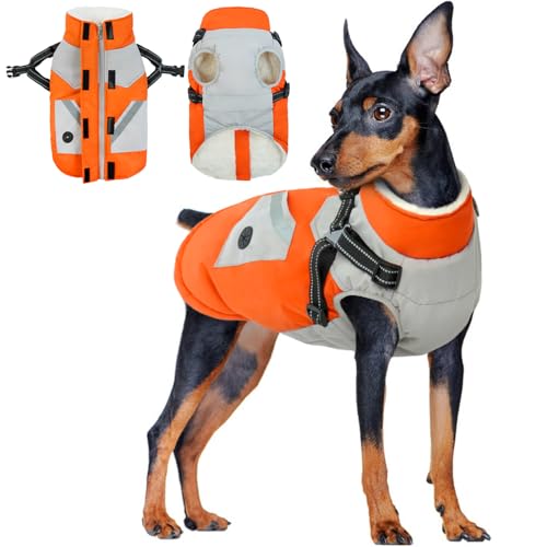 Hundemantel mit Geschirr, Wasserdichter Hundemantel Winddichte Hundejacke Regenbekleidung Hundemantel Gefüttert Winterjacke für Kleine Mittelgroße Große Hunde(Orange, XS) von PUMYPOREITY