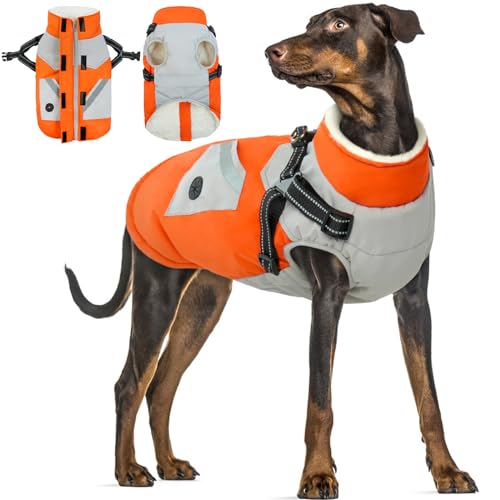 Winter Hundemantel wasserdichte, Hundemantel Winter mit Geschirr Warm Hundekleidung Winter Jacke Warme Hunde Weste Winter Outfit Winddichte Hundebekleidung Schneeanzug Hunde(Orange, 3XL) von PUMYPOREITY